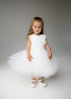 Ivory 3D Flowers Tulle Flower Girl Dress With Removable Train